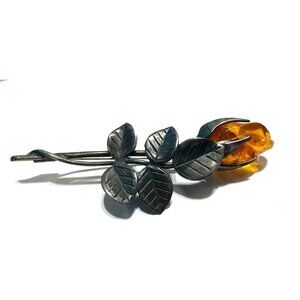 Vintage Brooch Amber Carved Rose Sterling Silver Flower Statement Unisex